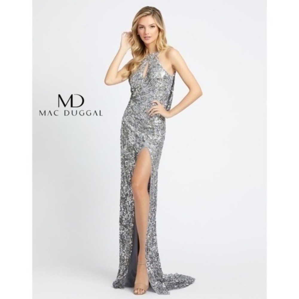 Mac Duggal Silver Sequin Halter Gown with Thigh Slit